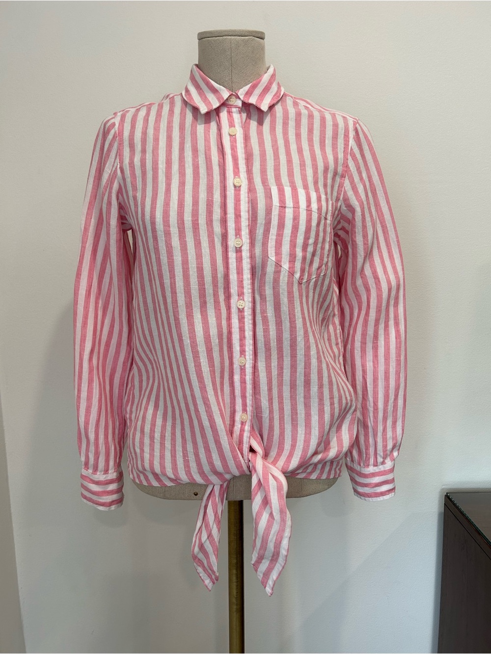 J CREW - 100% Linen Front Tie Striped Button Up Long Sleeve Size 0P
